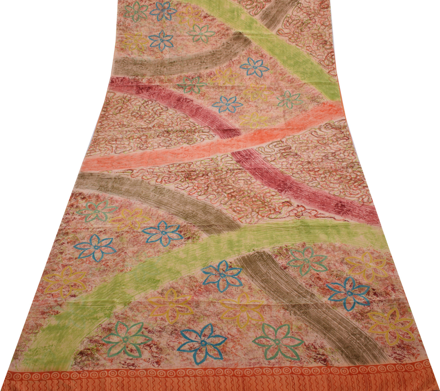 Sushila Vintage Indian Saree 100% Pure Crepe Silk Printed Zig-Zag Soft Fabric