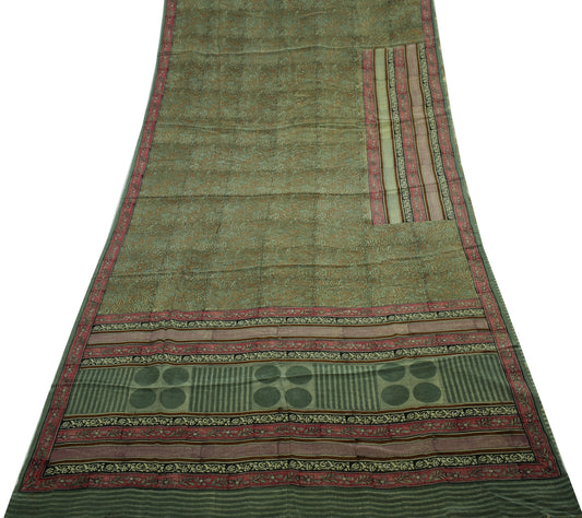 Sushila Vintage Green Saree 100% Pure Crepe Silk Printed Floral Soft Fabric