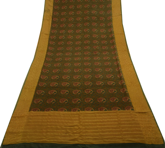 Sushila Vintage Green Saree 100% Pure Crepe Silk Printed Paisley Soft Fabric