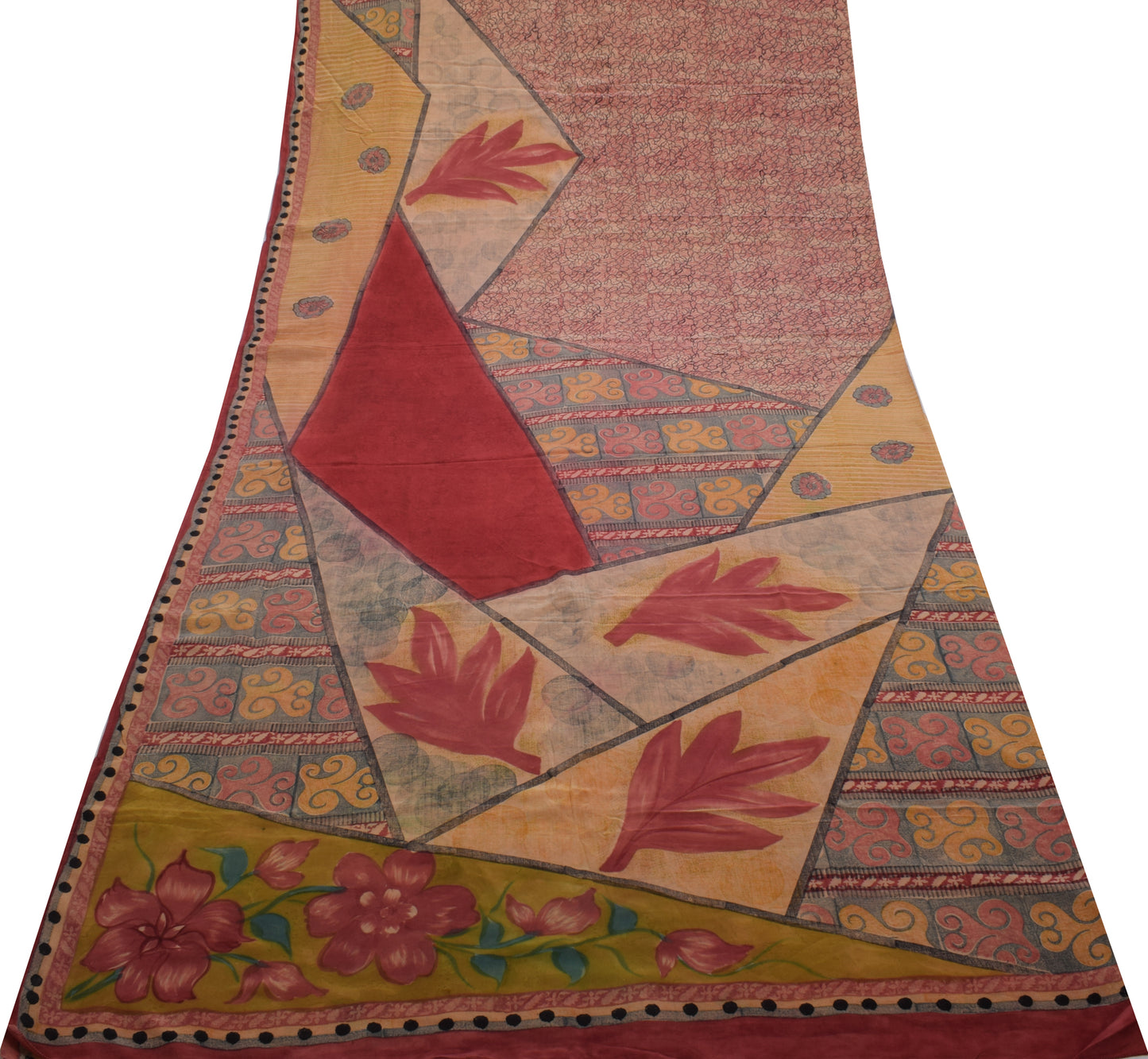 Sushila Vintage Indian Saree 100% Pure Crepe Silk Printed 5 Yard Soft Fabric