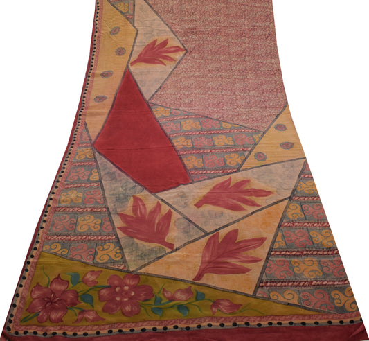 Sushila Vintage Indian Saree 100% Pure Crepe Silk Printed 5 Yard Soft Fabric