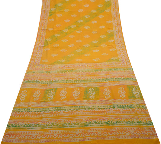 Sushila Vintage Yellow Saree 100% Pure Crepe Silk Printed Floral Soft Fabric