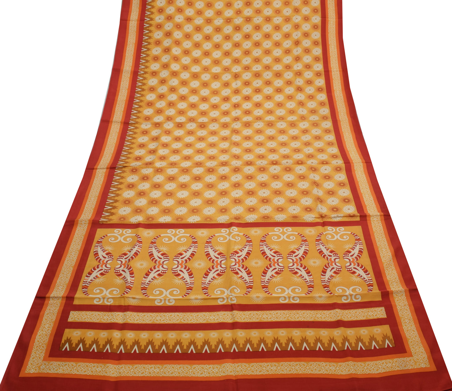 Sushila Vintage Mustard Saree 100% Pure Crepe Silk Printed 5 Yard Soft Fabric