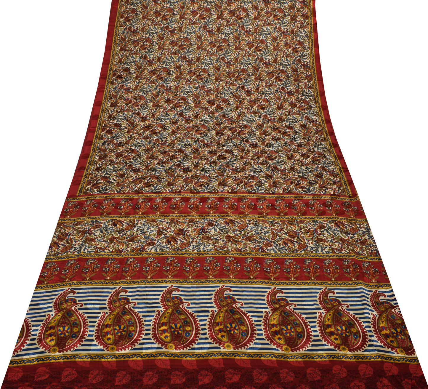 Sushila Vintage Cream Saree Blend Crepe Silk Printed Floral Soft 5 Yard Fabric