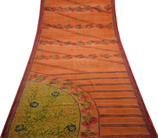 Sushila Vintage Peach Saree 100% Pure Crepe Silk Printed Floral 5 YD Soft Fabric