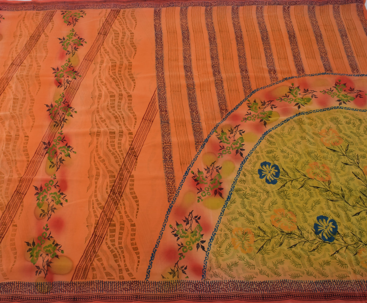 Sushila Vintage Peach Saree 100% Pure Crepe Silk Printed Floral 5 YD Soft Fabric