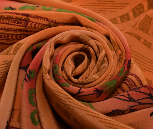 Sushila Vintage Peach Saree 100% Pure Crepe Silk Printed Floral 5 YD Soft Fabric