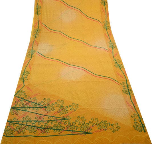Sushila Vintage Yellow Indian Saree 100% Pure Crepe Silk Printed Soft Fabric