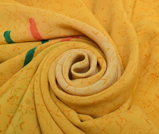 Sushila Vintage Yellow Indian Saree 100% Pure Crepe Silk Printed Soft Fabric