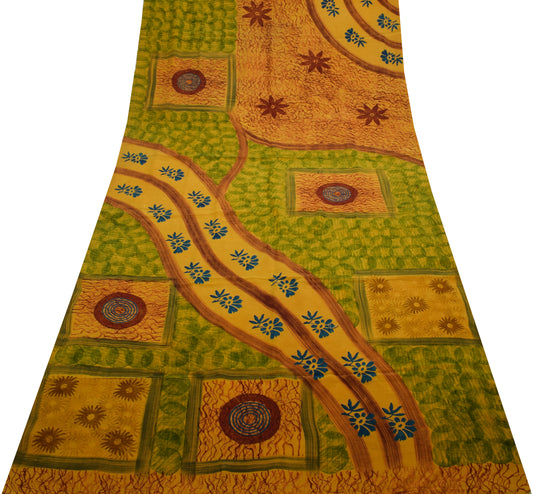 Sushila Vintage Mustard Saree 100% Pure Crepe Silk Printed Floral Soft Fabric