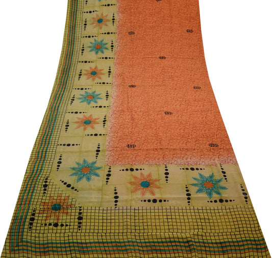 Sushila Vintage Orange Saree 100% Pure Crepe Silk Printed 5 Yard Soft Fabric