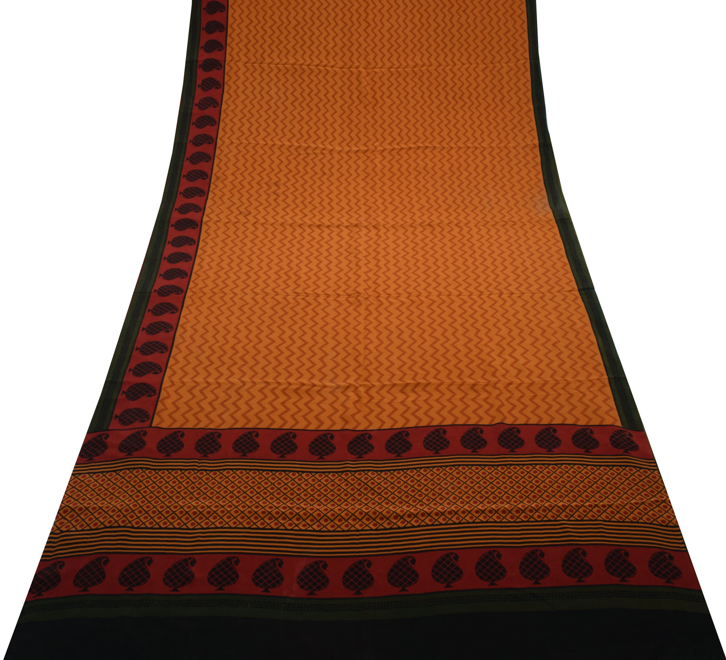Sushila Vintage Mustard Saree 100% Pure Crepe Silk Printed Zig-Zag Soft Fabric