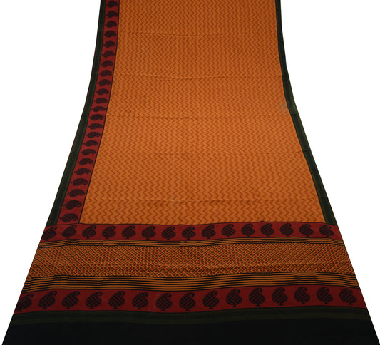 Sushila Vintage Mustard Saree 100% Pure Crepe Silk Printed Zig-Zag Soft Fabric