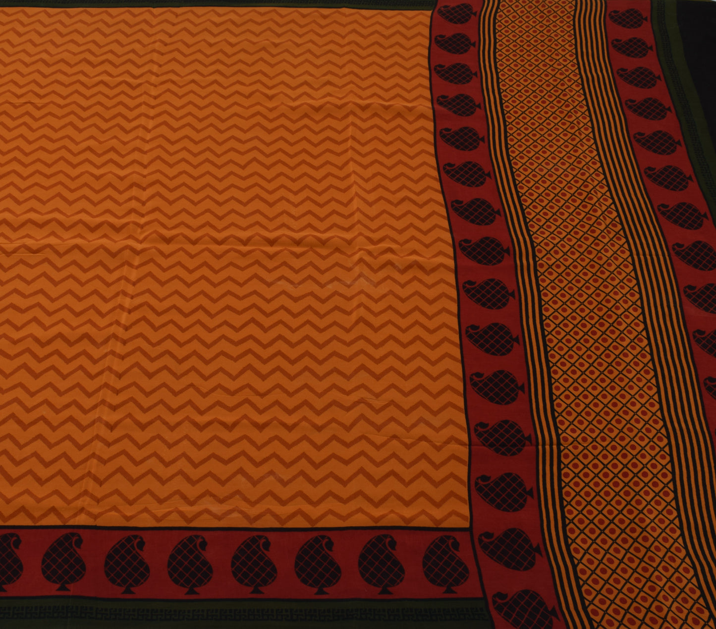 Sushila Vintage Mustard Saree 100% Pure Crepe Silk Printed Zig-Zag Soft Fabric