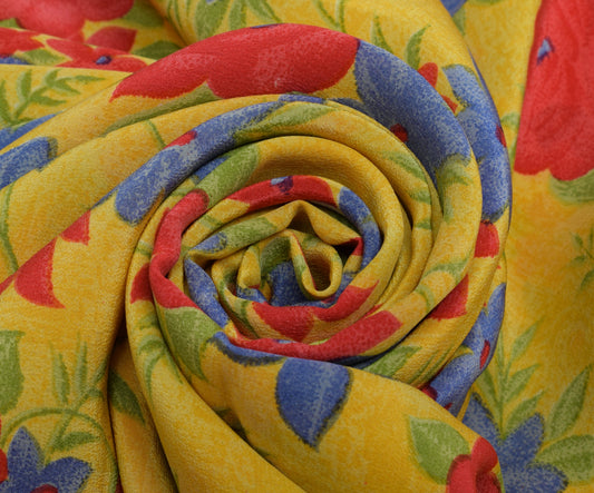 Sushila Vintage Yellow Saree 100% Pure Crepe Silk Printed Floral Soft Fabric