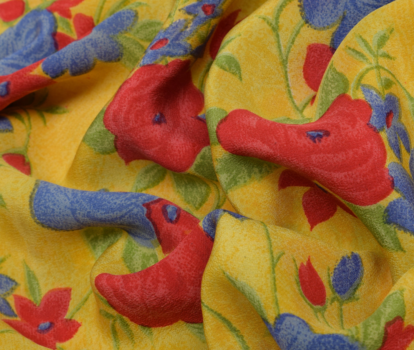 Sushila Vintage Yellow Saree 100% Pure Crepe Silk Printed Floral Soft Fabric