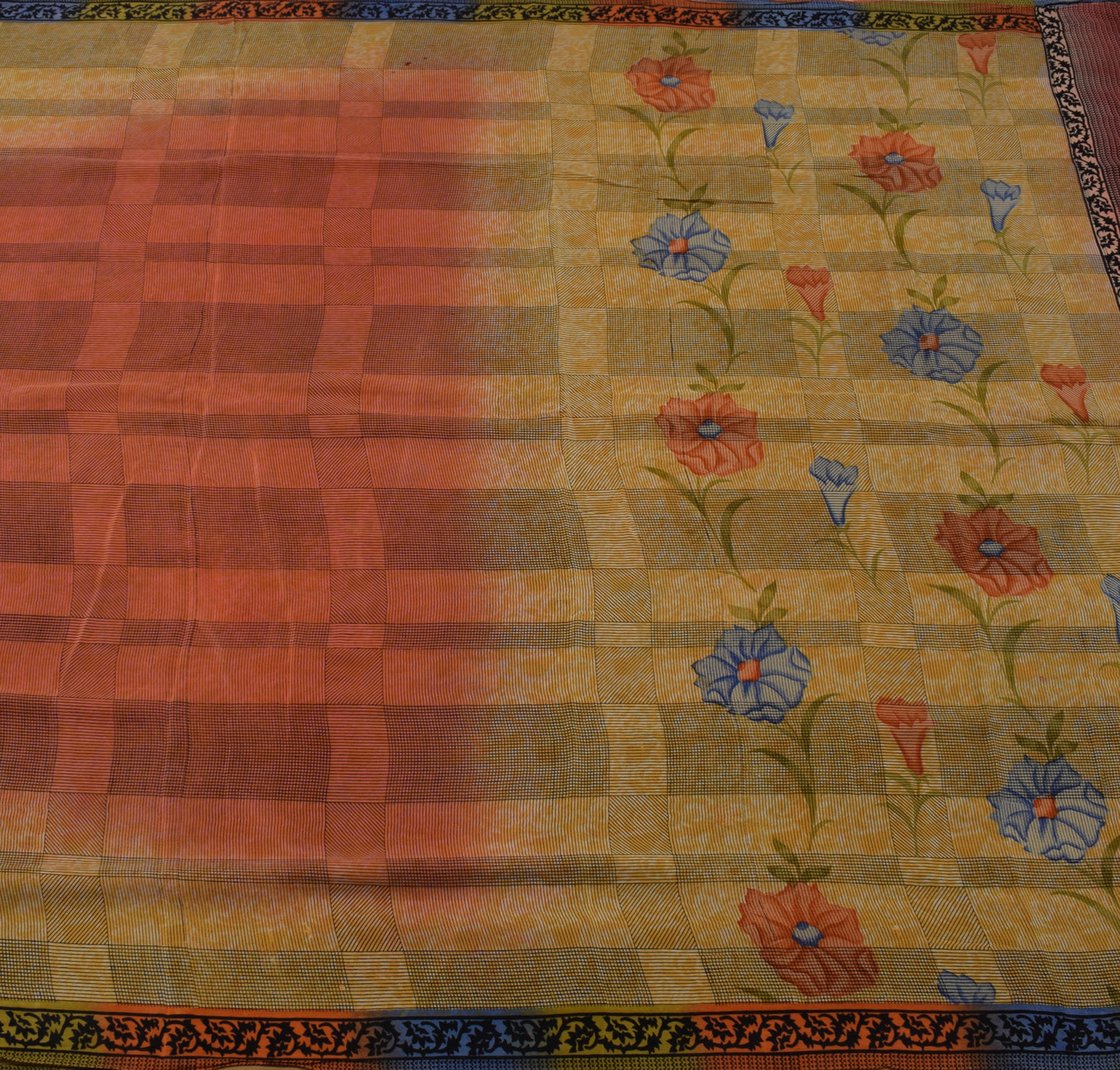 Sushila Vintage Indian Saree 100% Pure Crepe Silk Printed Floral Soft Fabric