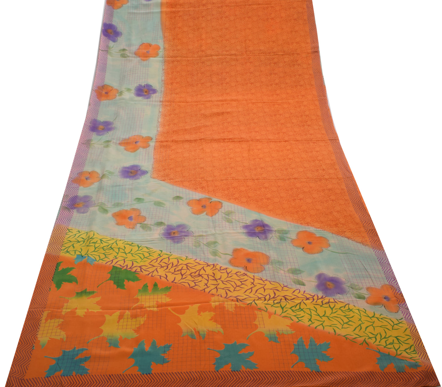 Sushila Vintage Orange Saree 100% Pure Crepe Silk Printed Floral Soft Fabric
