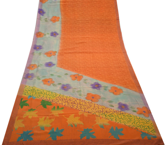 Sushila Vintage Orange Saree 100% Pure Crepe Silk Printed Floral Soft Fabric