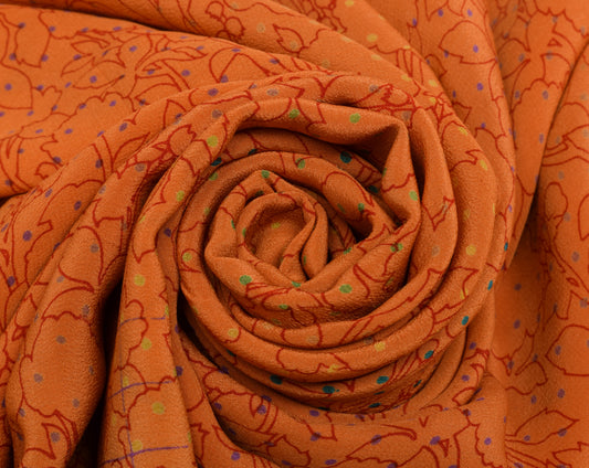 Sushila Vintage Orange Saree 100% Pure Crepe Silk Printed Floral Soft Fabric