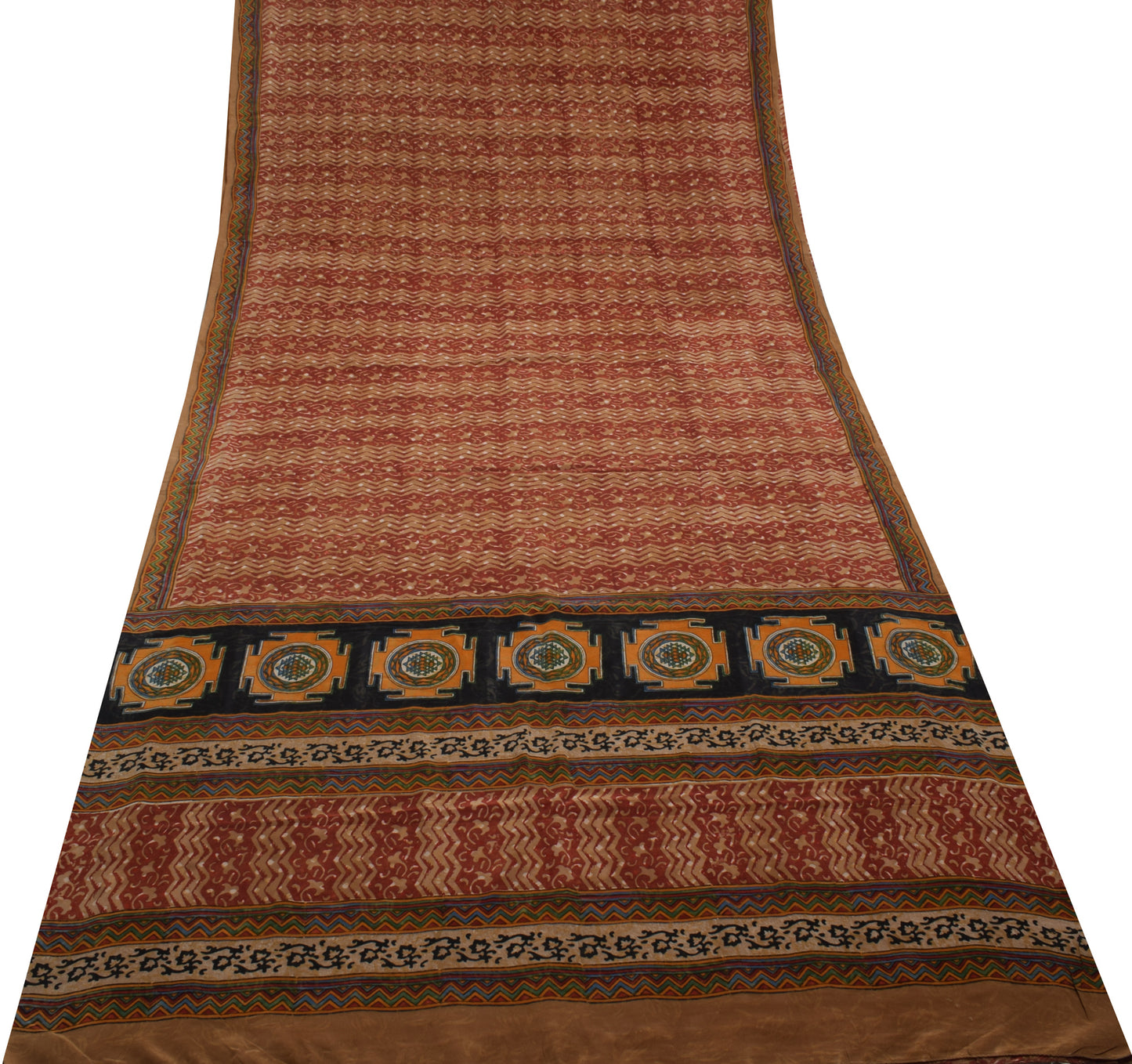 Sushila Vintage Brown Saree 100% Pure Crepe Silk Hand Block Printed Soft Fabric