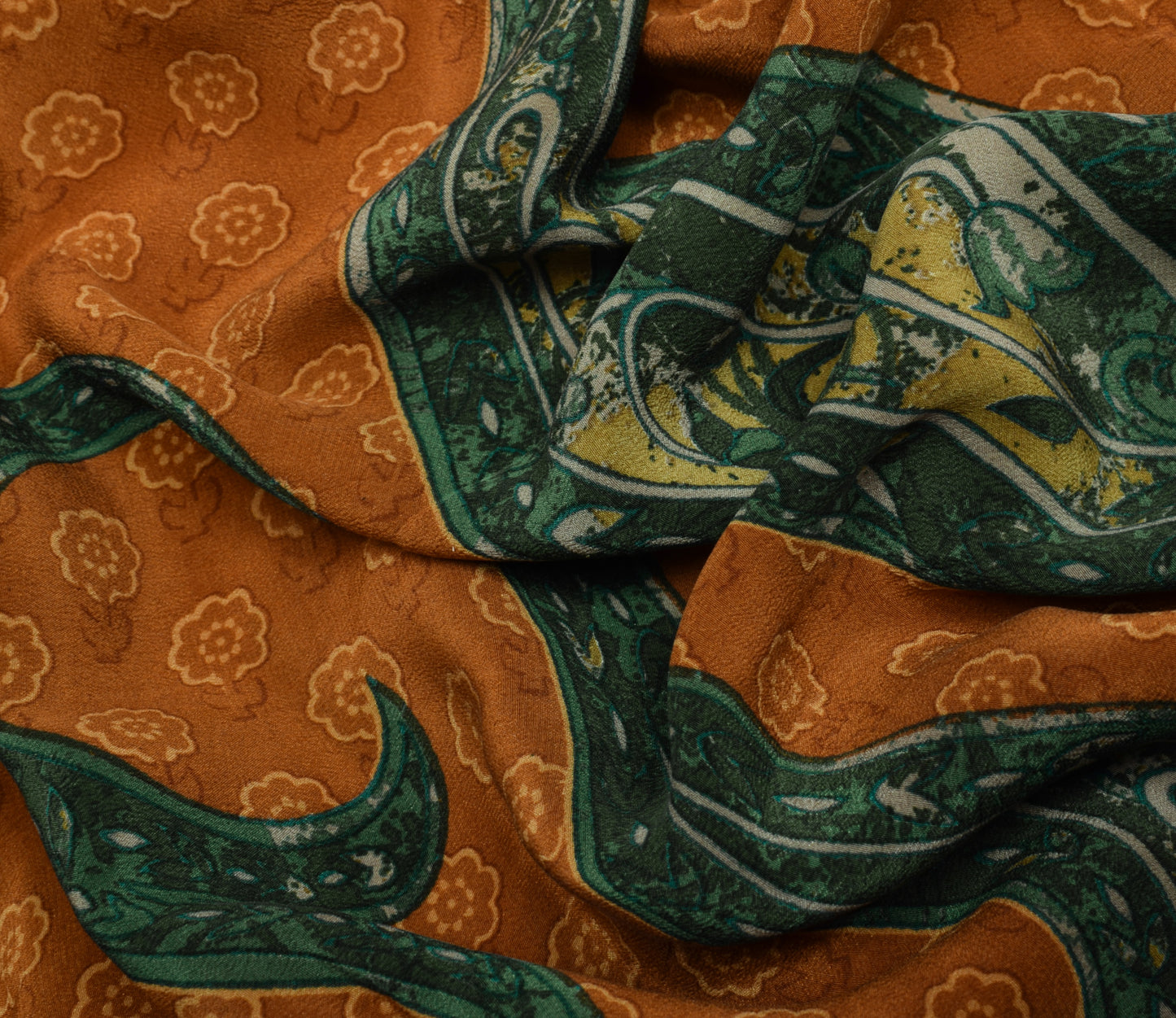 Sushila Vintage Brown Saree 100% Pure Crepe Silk Printed Paisley Soft Fabric