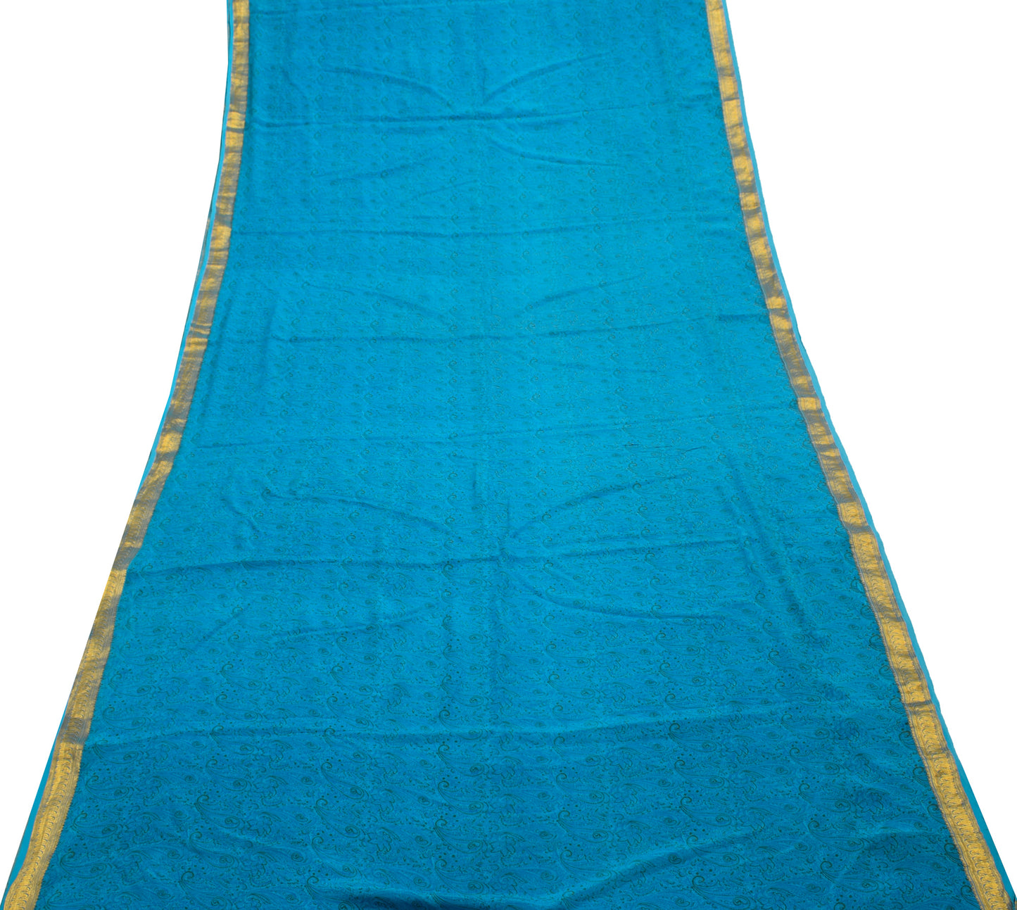 Sushila Vintage Aqua Blue Saree 100% Pure Crepe Silk Printed Paisley Soft Fabric