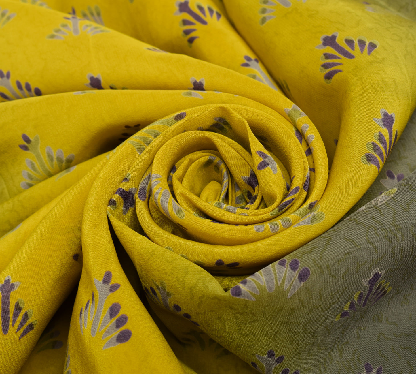 Sushila Vintage Green Saree 100%Pure Crepe Silk Printed Floral Soft Craft Fabric