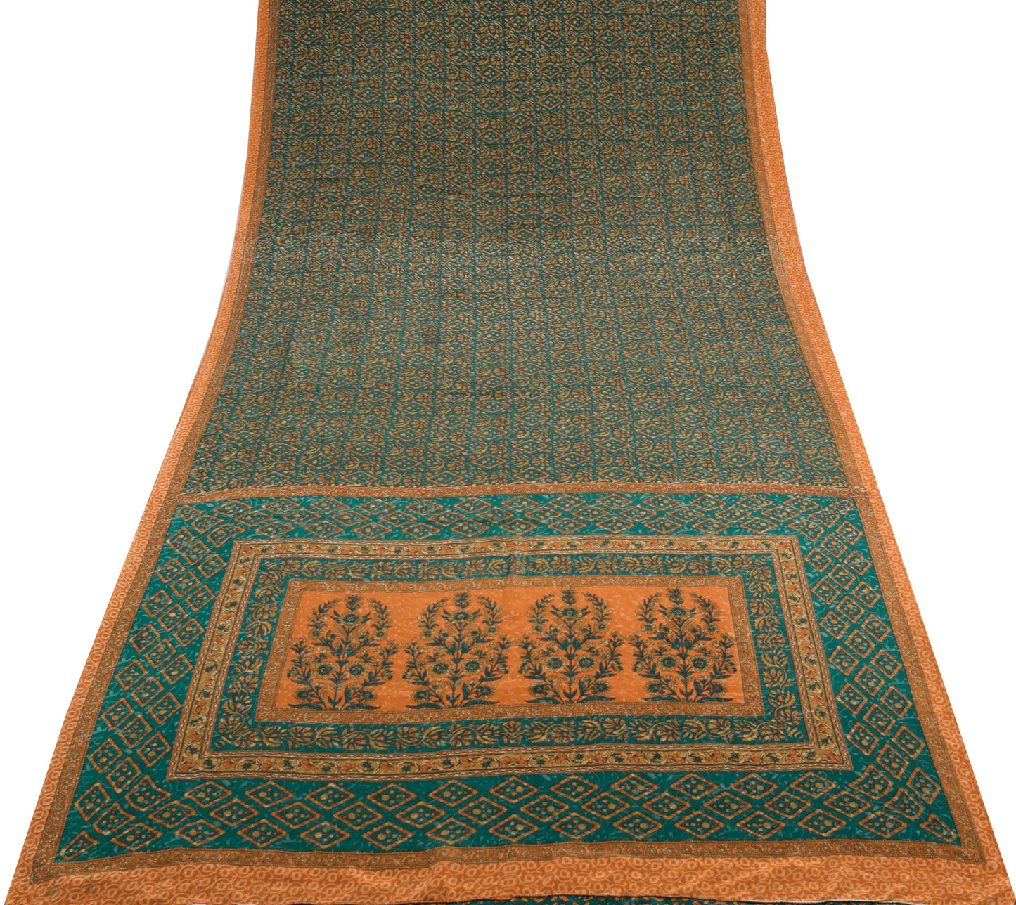 Sushila Vintage Teal Green Saree Blend Crepe Silk Printed Floral Soft 5YD Fabric