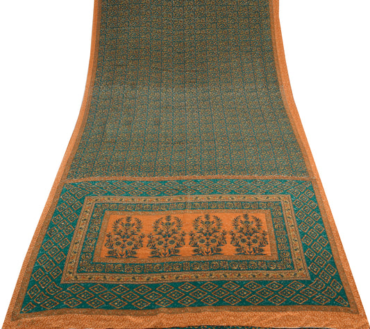 Sushila Vintage Teal Green Saree Blend Crepe Silk Printed Floral Soft 5YD Fabric