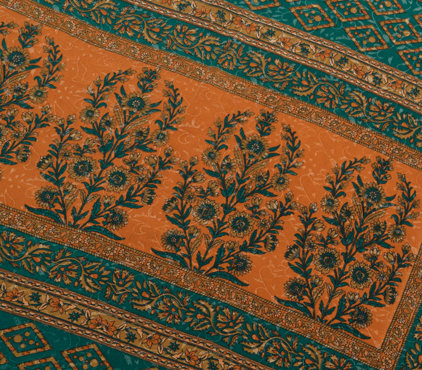 Sushila Vintage Teal Green Saree Blend Crepe Silk Printed Floral Soft 5YD Fabric