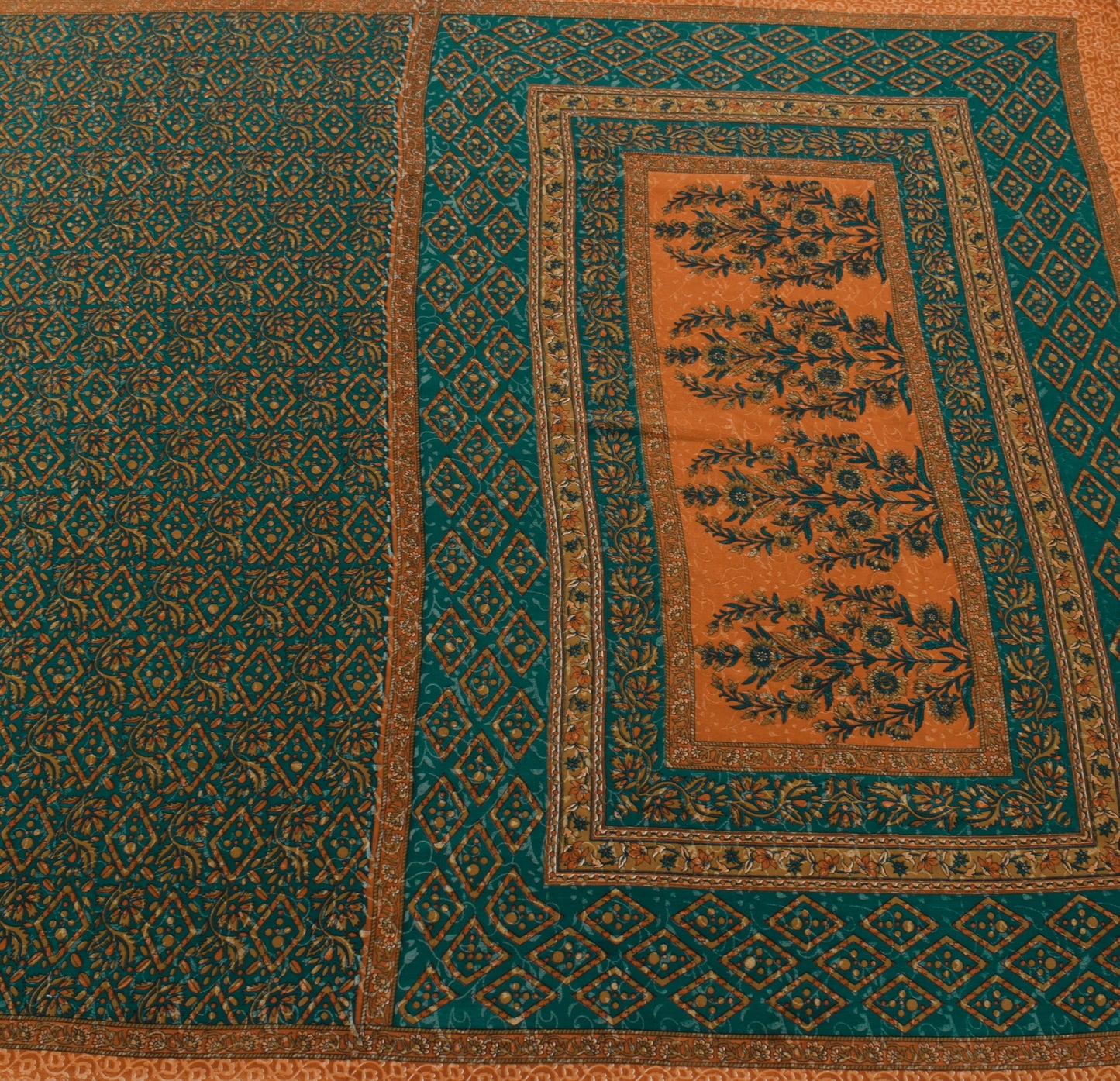 Sushila Vintage Teal Green Saree Blend Crepe Silk Printed Floral Soft 5YD Fabric