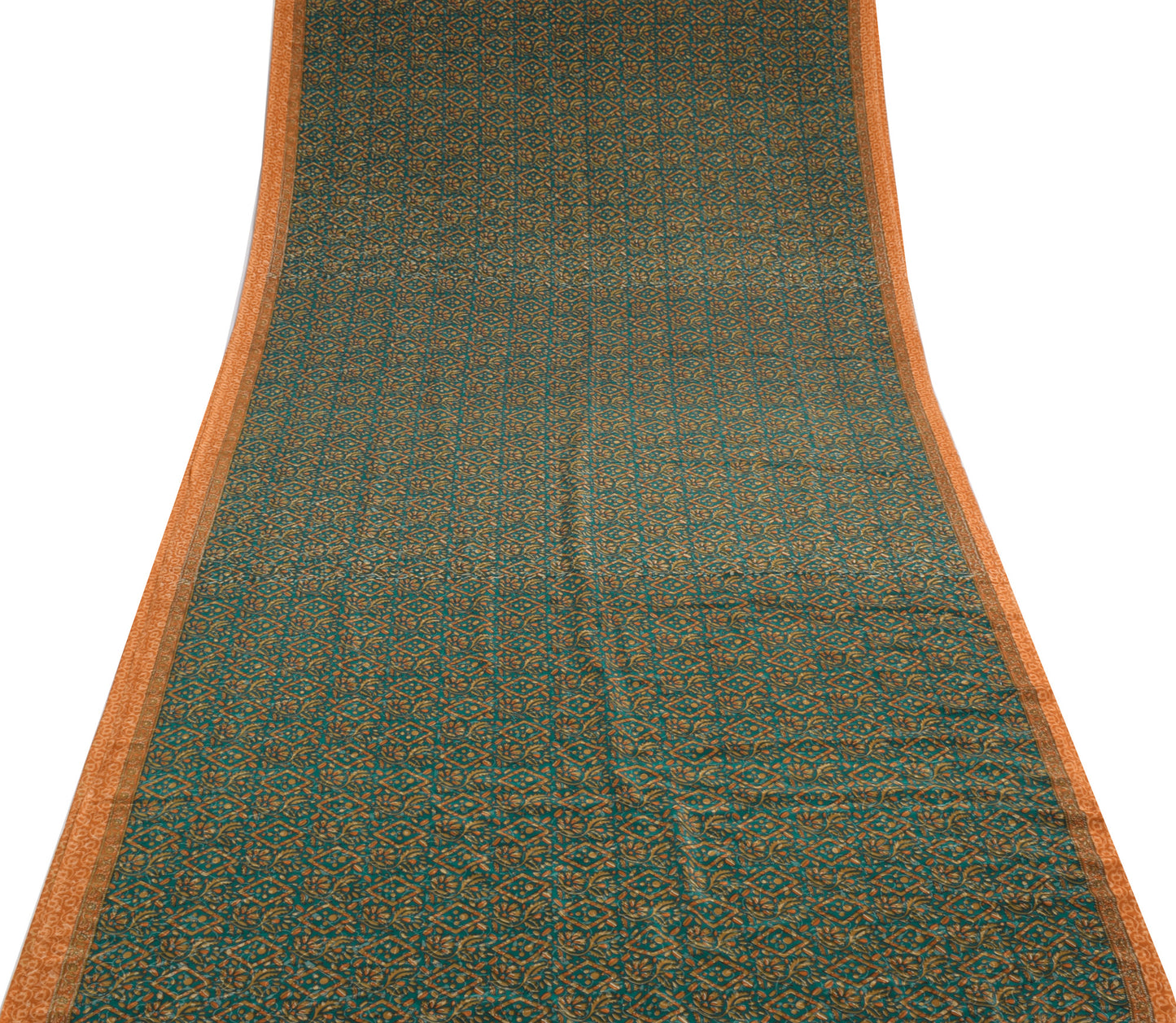 Sushila Vintage Teal Green Saree Blend Crepe Silk Printed Floral Soft 5YD Fabric