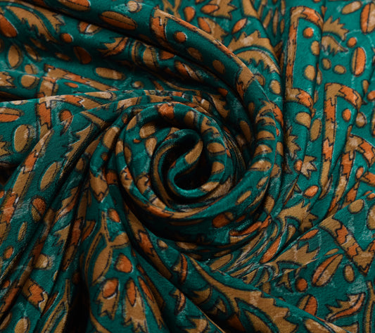 Sushila Vintage Teal Green Saree Blend Crepe Silk Printed Floral Soft 5YD Fabric