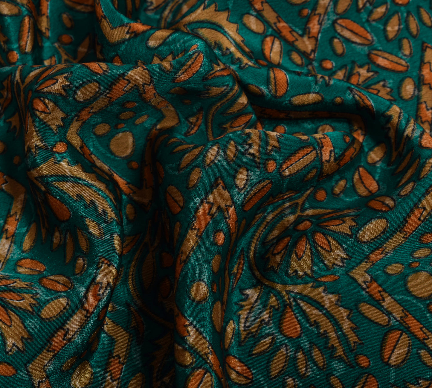 Sushila Vintage Teal Green Saree Blend Crepe Silk Printed Floral Soft 5YD Fabric