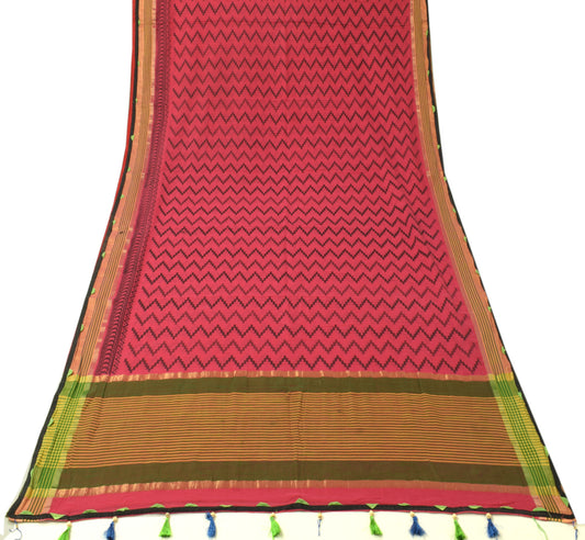 Sushila Vintage Hot Pink Sari 100% Pure Cotton Printed Zig-Zag Soft Craft Fabric