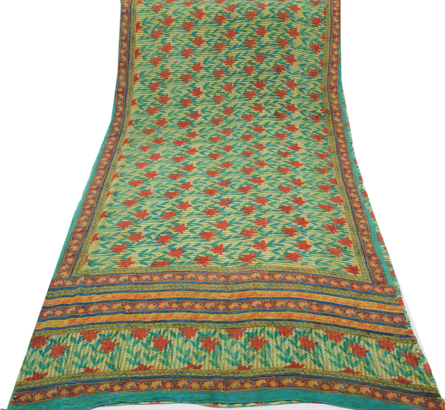 Sushila Vintage Green Saree 100% Pure Georgette Silk Printed Floral Craft Fabric