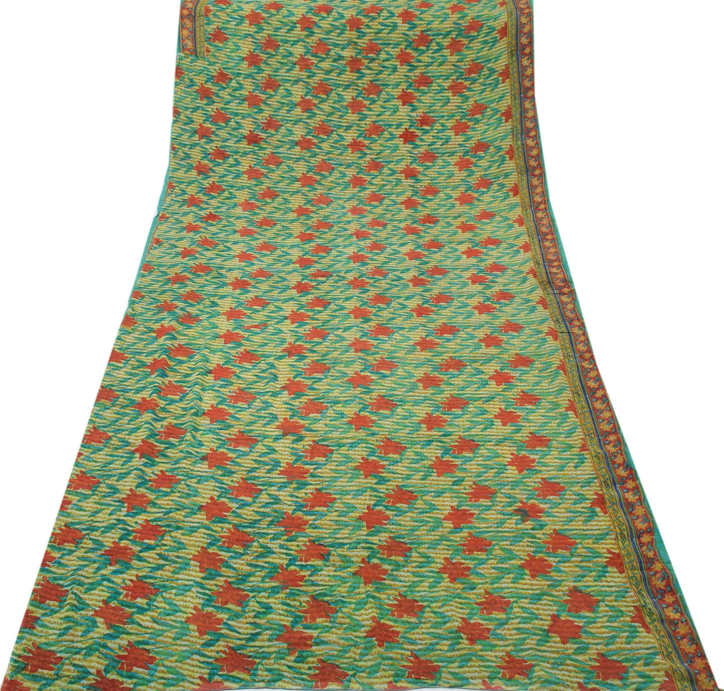 Sushila Vintage Green Saree 100% Pure Georgette Silk Printed Floral Craft Fabric