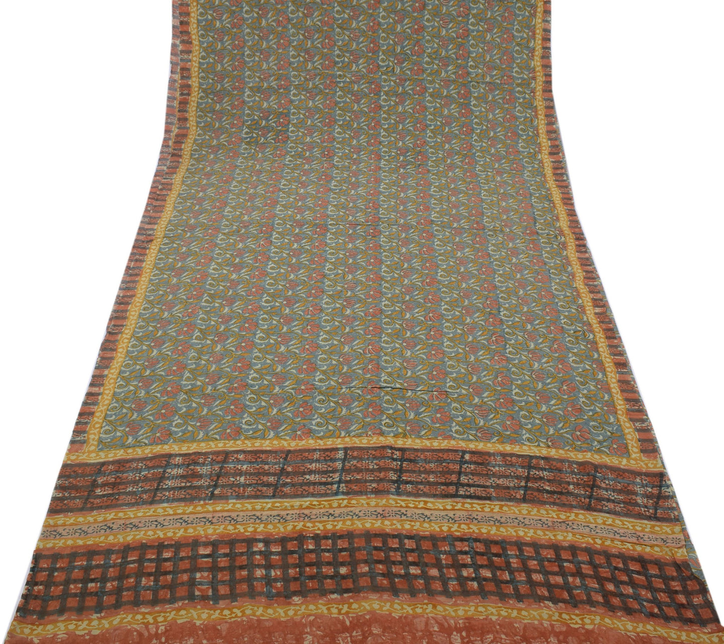 Sushila Vintage Gray Saree 100% Pure Georgette Silk Printed Floral Craft Fabric