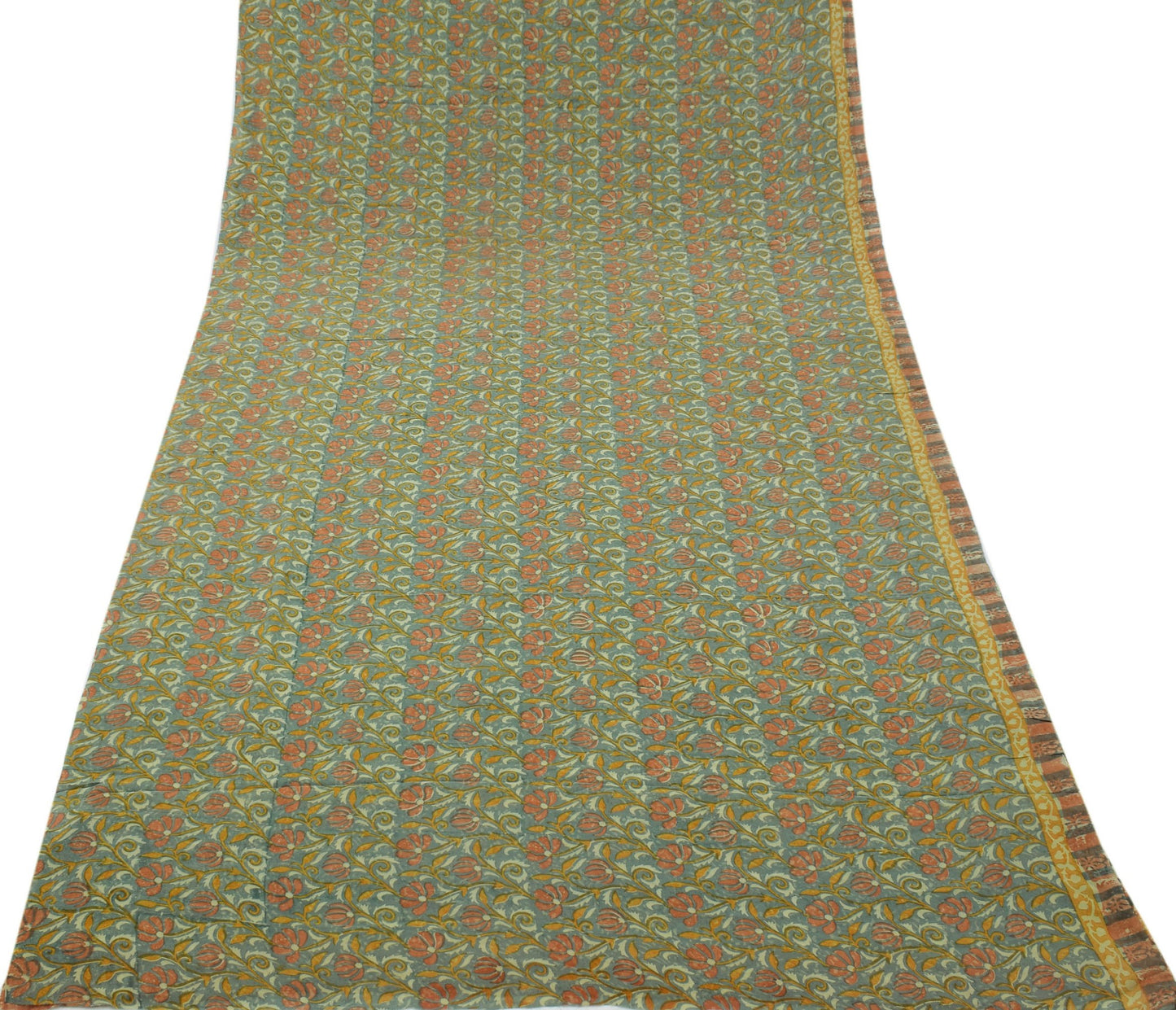 Sushila Vintage Gray Saree 100% Pure Georgette Silk Printed Floral Craft Fabric