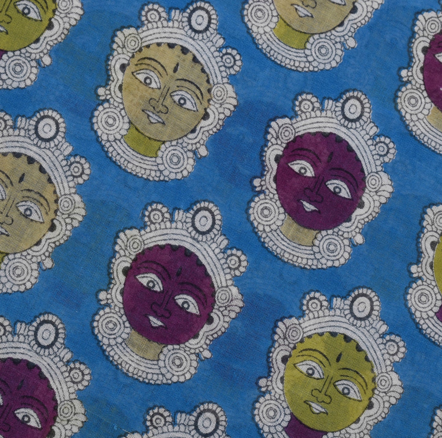 Sushila Vintage Blue Sari 100% Pure Cotton Printed Human Face Soft Craft Fabric