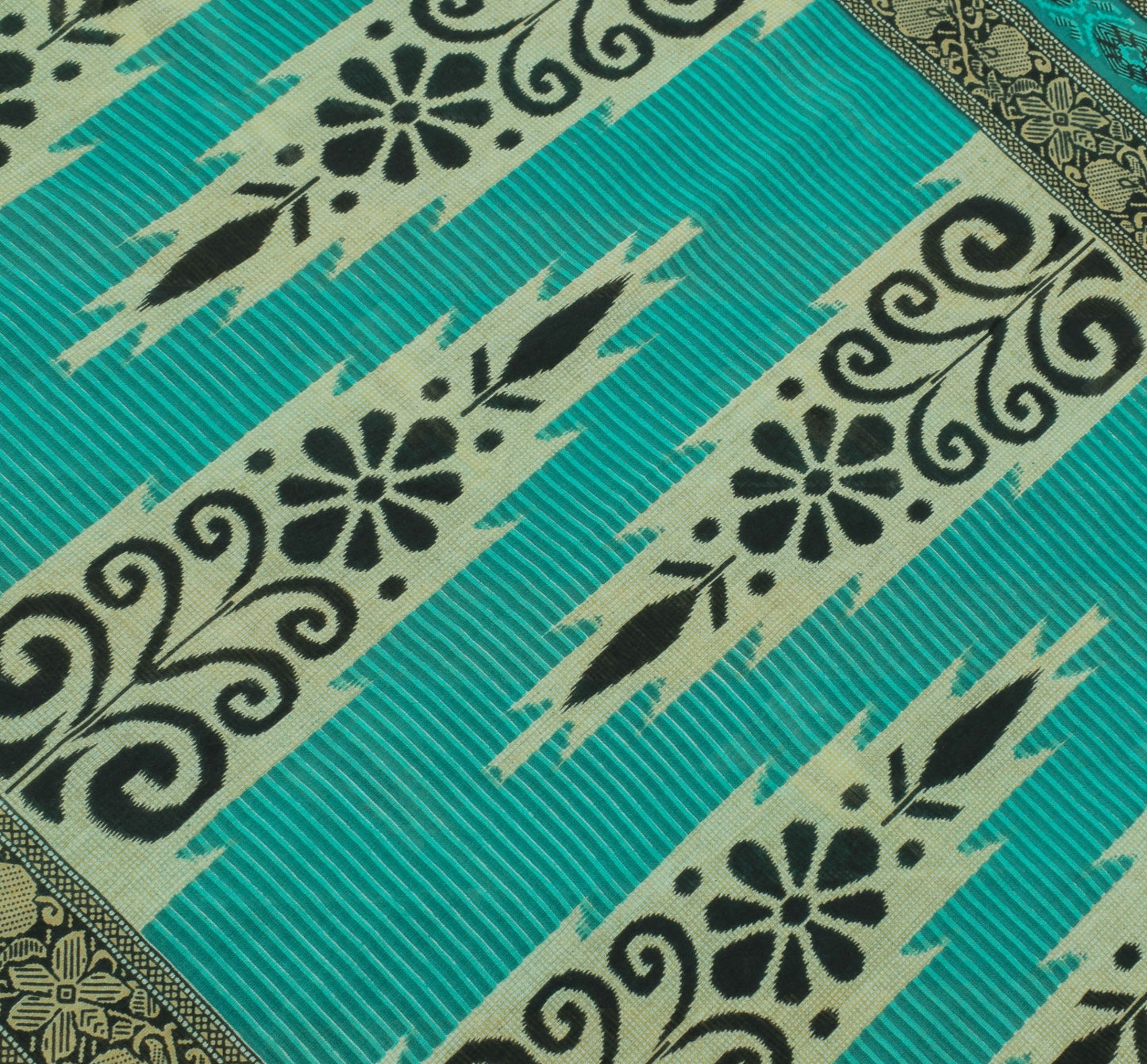 Sushila Vintage Green Saree 100% Pure Cotton Printed Ikkat Soft Craft Fabric