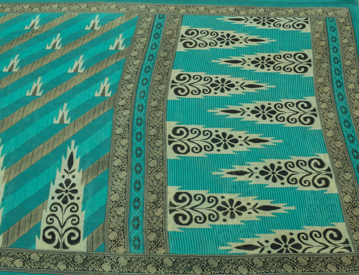 Sushila Vintage Green Saree 100% Pure Cotton Printed Ikkat Soft Craft Fabric