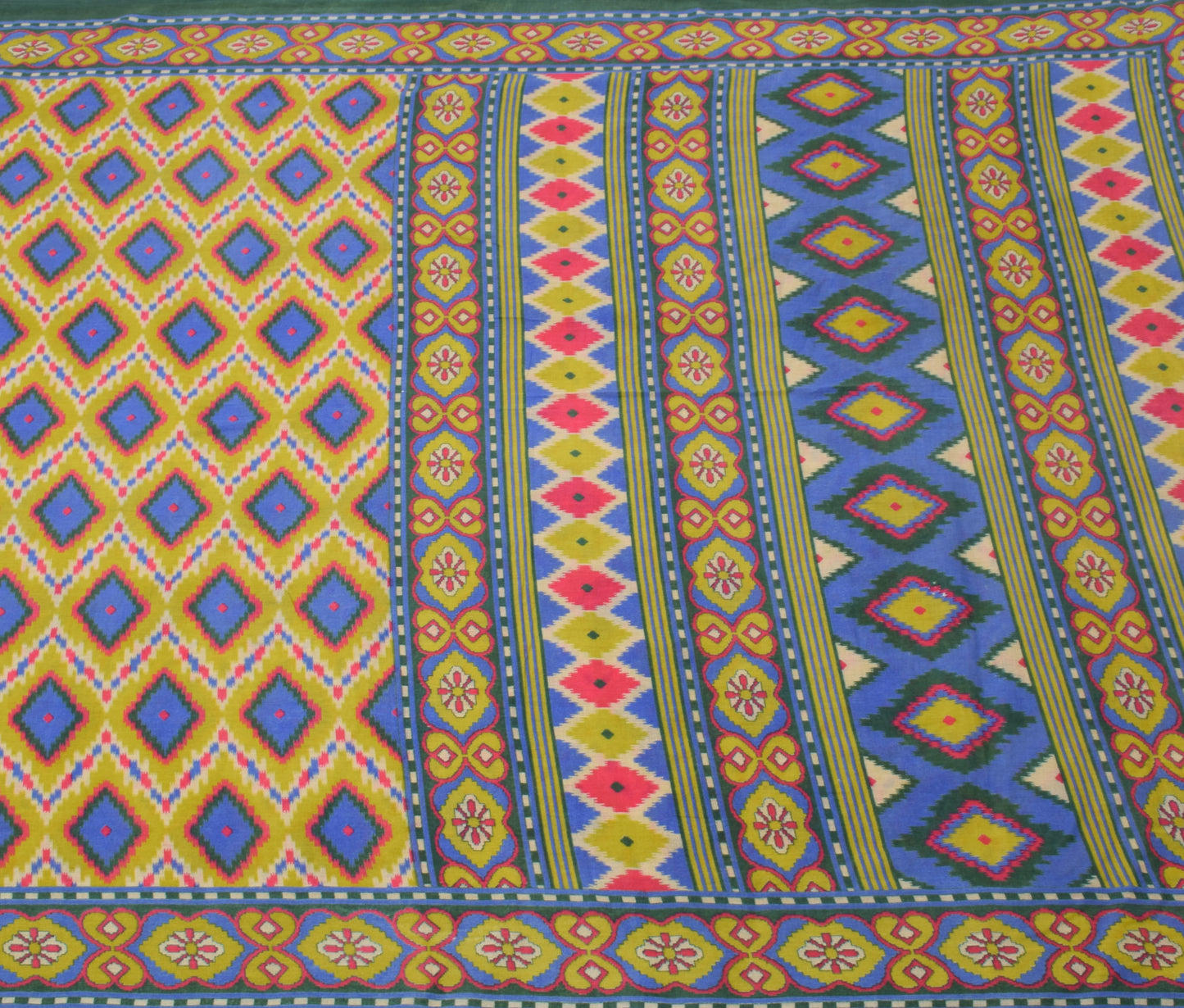 Sushila Vintage Green Saree 100% Pure Cotton Printed Zig-Zag  Soft Craft Fabric