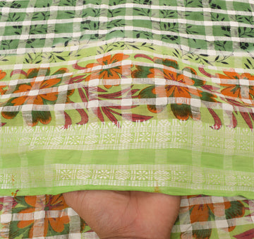 Sushila Vintage Green Saree 100% Pure Cotton Printed & Woven Soft Craft Fabric