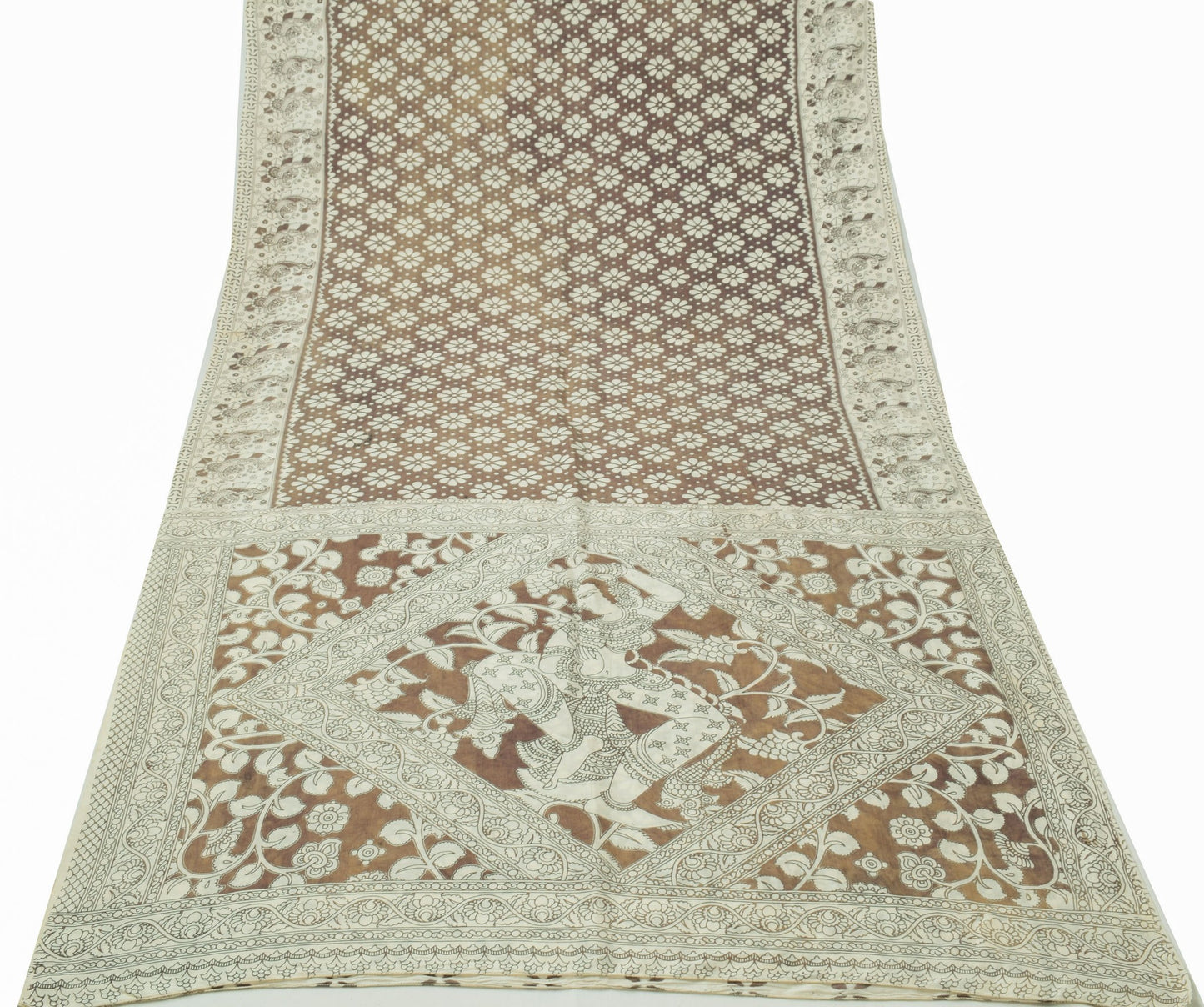 Sushila Vintage Cream Saree 100% Pure Cotton Printed Kalamkari Soft Craft Fabric