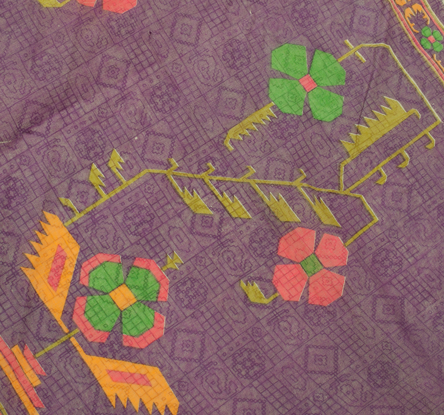 Sushila Vintage Cream Saree 100% Pure Cotton Printed Floral Sheer Craft Fabric