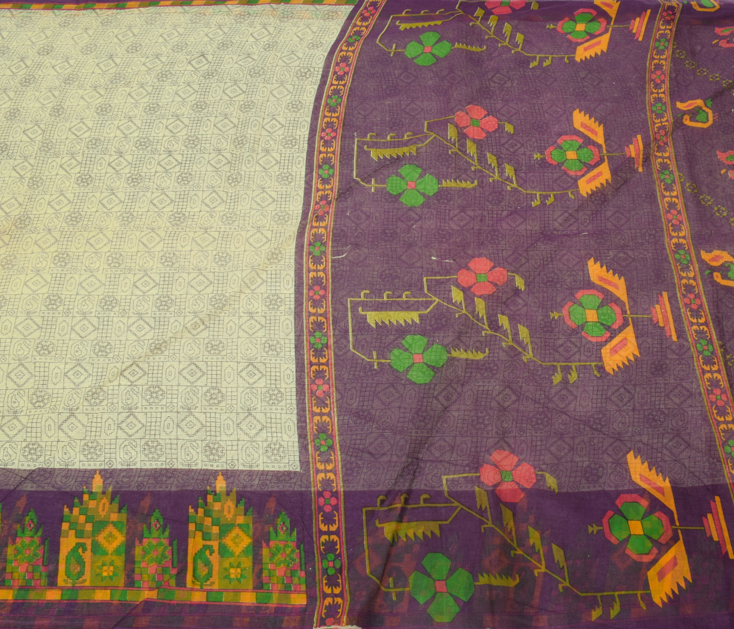 Sushila Vintage Cream Saree 100% Pure Cotton Printed Floral Sheer Craft Fabric