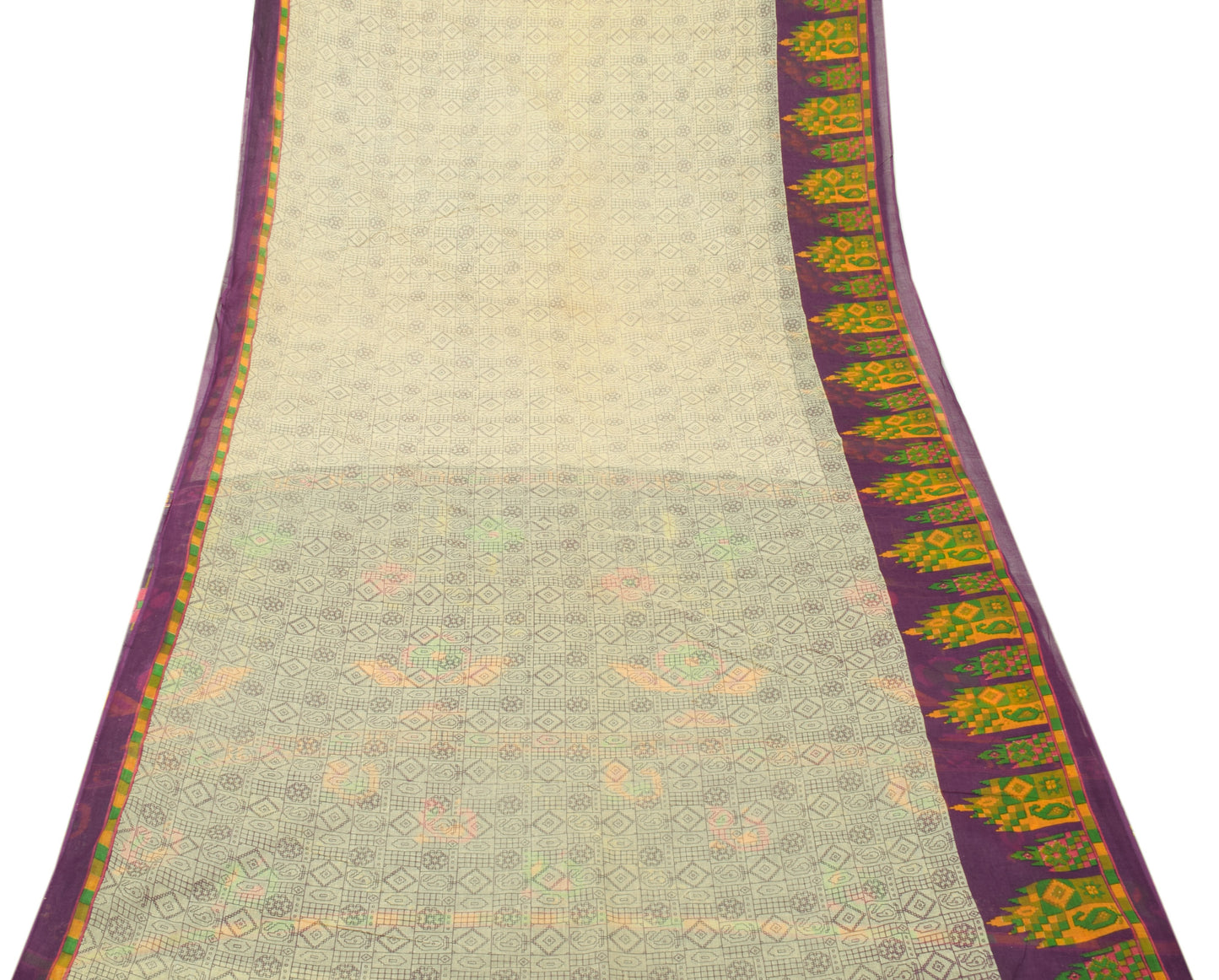 Sushila Vintage Cream Saree 100% Pure Cotton Printed Floral Sheer Craft Fabric
