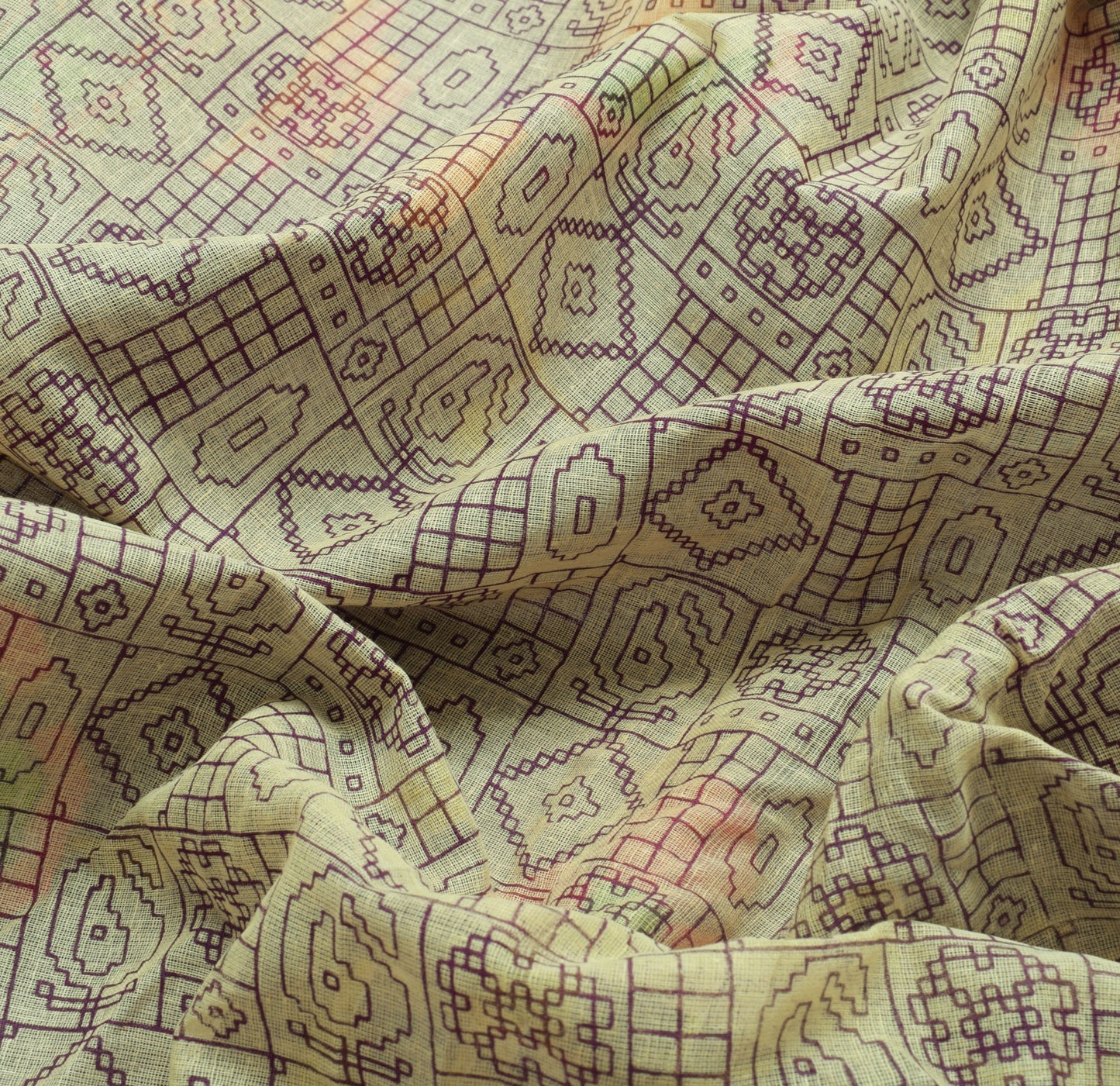 Sushila Vintage Cream Saree 100% Pure Cotton Printed Floral Sheer Craft Fabric
